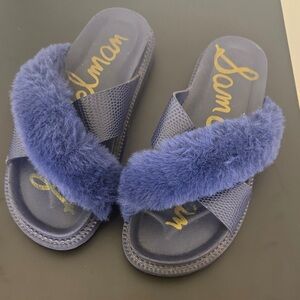 Sam Edelman Navy Blue Fuzzy Slippers Slip on Shoes Size 7 EUC Leather